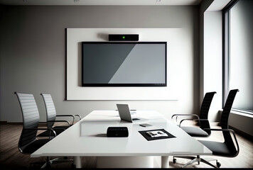 Interior of a contemporary business conference room with white walls and a monitor. Generative AI