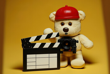 On a yellow background, a white present box with a red ribbon character mascot and a movie clapper board.. Generative AI - obrazy, fototapety, plakaty