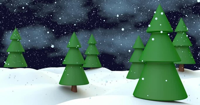 Winter landscape with falling snow and green pines or fir trees on snowy field against the night cloudy sky stylized low poly 3d rendered background video. Nature scene. Winter holidays background.
