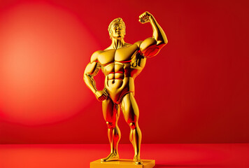 Golden trophy figure representing the victor with a red retail percentage sale or discount symbol on a yellow backdrop.. Generative AI