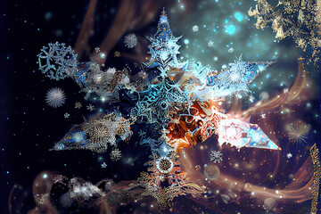 Snowflake Made of Space Dust and Fractals. Generative Art