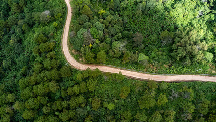 Aerial view from drone of mountain road with sun shining in forest. Top view of a road on a hill in a beautiful lush green forest in Thailand. Natural landscape background.