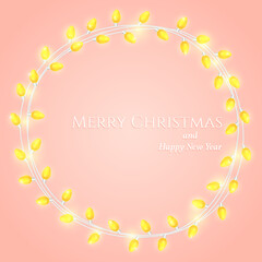 Light garland on pink background. Christmas decorative circle frame with text sign.