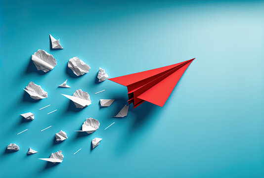 On A Blue Backdrop, A Red Paper Aircraft Is Out Of Alignment With A White Paper Plane To Disrupt And Discover A New Normal Path. Business Innovation, Fresh Concept, And Technological Advancement