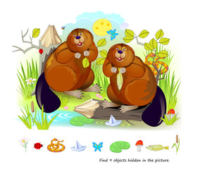 Logic puzzle game for kids. Find 9 objects hidden in the picture. Two beavers on a forest river. Educational page. Play online. IQ test. Task for attentiveness. Vector illustration.