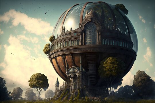 Giant spherical fantasy glass library globe station futuristic steampunk city design