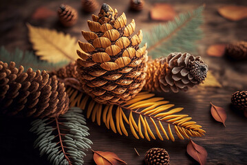 Image of pine cones and falling leaves on a wooden backdrop, close up. Generative AI
