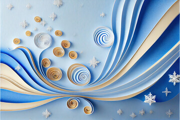 Blue and Gold Ribbons and Snowflakes Background, Generative ai