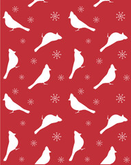 Vector seamless pattern of red cardinal bird and snowflakes silhouette isolated on red background