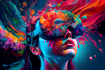 A person in a futuristic virtual reality headset, surrounded by a sea of vibrant data and sensory stimuli, interactting with a virtual reality environment that has been designed to simulate the brain  - obrazy, fototapety, plakaty