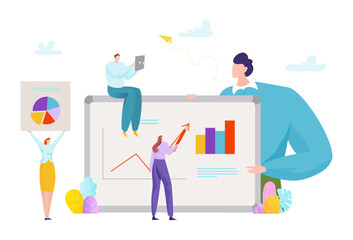 Office company infographic tablet, tiny business people character together accounting service flat vector illustration, isolated on white.