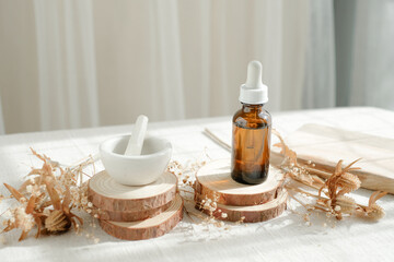 beauty product with pestle and mortar for spa and cosmetic concepts. decorate wit wooden and flowers.