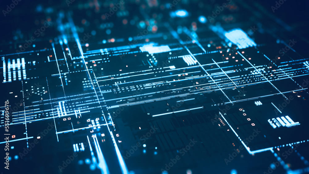 Poster semiconductor circuit line that shines brightly in a dark place, 3d rendering