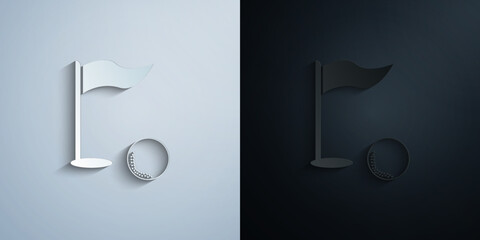 Golf flag and golf ball paper icon with shadow vector illustration