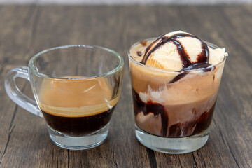 Boost of energy with a shot of espresso served with a scoop of vanilla ice cream with chocolate flavor to drink