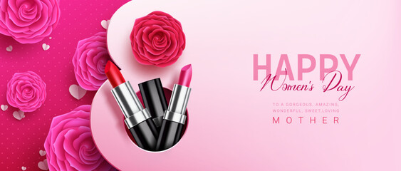 Happy women's day vector design. International women's and mother's day celebration with flowers and lipstick elements for brochure decoration. Vector Illustration.
