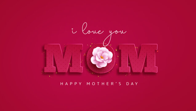 Happy mother's day text vector design. I love you mom typography in red background for women's day celebration. Vector Illustration.
