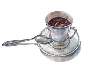 Watercolor cup of hot chocolate with spoon isolated on white background. Winter sweet drink for cute evening. Creative dessert for cookbook or kitchen. Clipart for sticker, wallpaper or wrapping