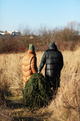 Back view of young man and woman having bought a Christmas tree and carrying it home. Xmas sale. Satisfied with the purchase. Couple going home from Christmas shopping and preparation to celebration.