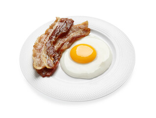 Tasty fried egg with bacon in plate isolated on white
