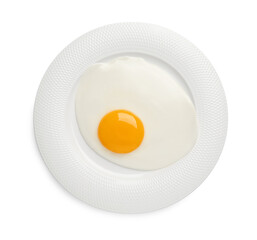 Plate with tasty fried egg isolated on white, top view