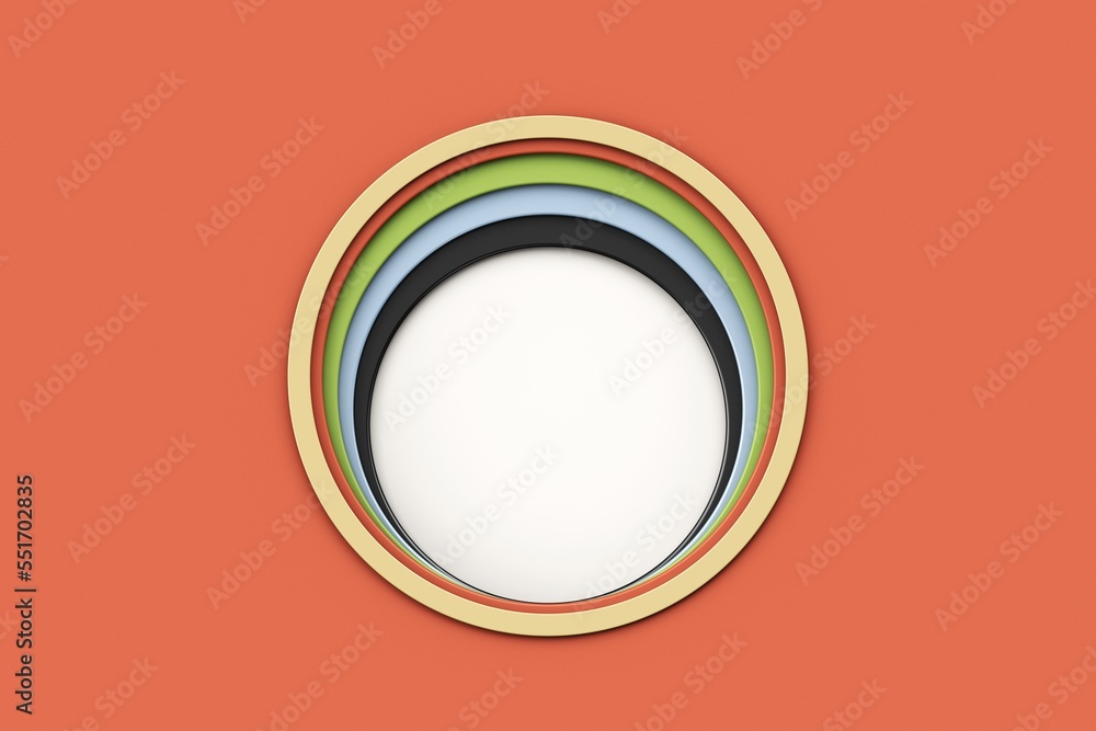Poster 3d realistic background with colorful paper cut round holes. stacks of paper that have been cut into