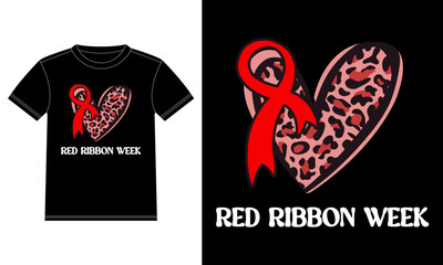 Red Ribbon Week Awareness T-Shirt design template, Car Window Sticker, POD, cover, Isolated Black Background
