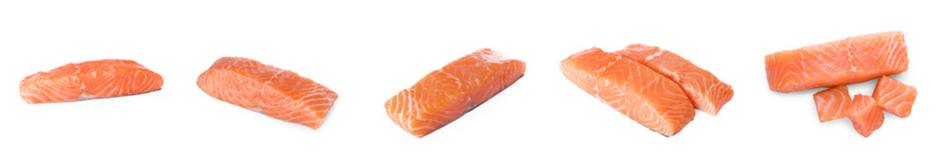 Set with pieces of fresh raw salmon on white background. Banner design