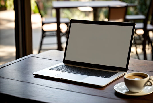 On a table at a coffee cafe, a laptop with a blank white screen is open.. Generative AI