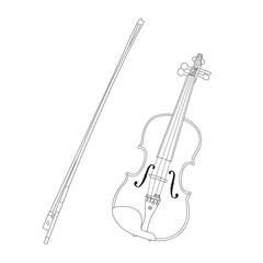  Outline violin or fiddle is a wooden chordophone, string instrument. Vector Illustration isolated on white background.