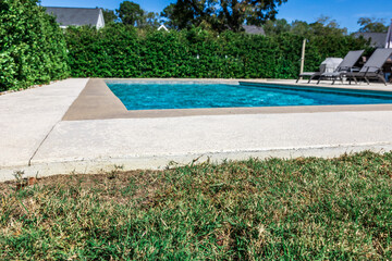 A rectangular new swimming pool with tan concrete edges in the fenced backyard of a new...