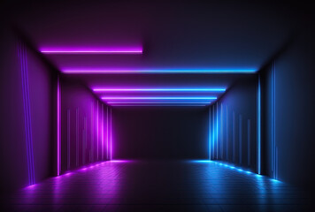 Purple and blue neon lighting lights in an empty, dark space with an abstract background.. Generative AI