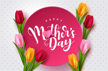 Happy mother's day vector template design. Mother's day text in circle space with tulip flower elements in pattern background. Vector Illustration.
