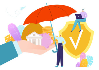 Businessman umbrella financial insurance, hand hold stack gold money cash coin dollar flat vector illustration, isolated on white.