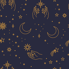 Obraz na płótnie Canvas Seamless pattern with constellations. Sun, moon, magic hands and stars. Mystical esoteric background for design. Astrology magical vector.