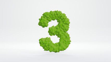 3D illustration of number three. Cute green bush style, isolated on white background with clipping path. 