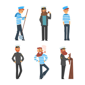 Sailors and Captain in Uniform with Cap and Striped Shirt on Board of Ship Vector Set