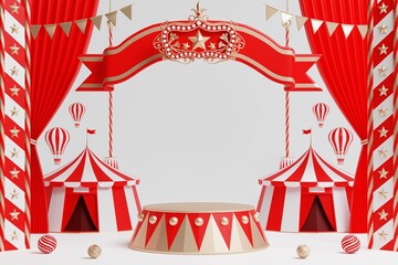 3d amusement park, circus, carnival fair theme podium with many rides and shops circus tent 3d illustration © Siam Vector