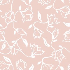 Fototapeta premium Magnolia flower seamless pattern. Outline white flower graphics on pale pink background. Romantic floral design for wallpapers and textile.