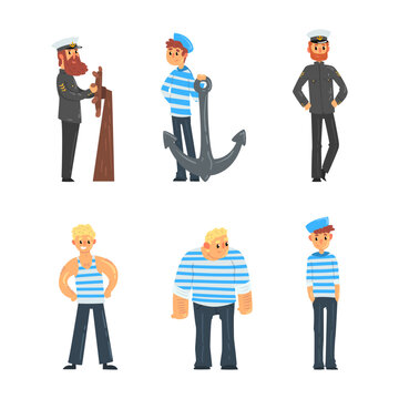Sailors and Captain in Uniform with Cap and Striped Shirt on Board of Ship Vector Set