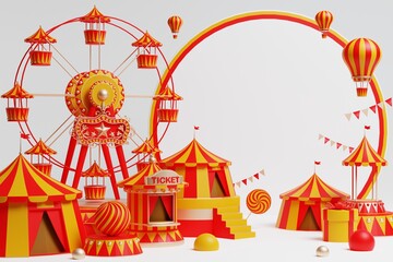 3d amusement park, circus, carnival fair theme podium with many rides and shops circus tent 3d illustration © Siam Vector