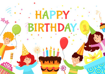 Celebrate cheerful invitation banner, happy birthday card children character together holiday party, childbirth cake flat vector illustration.