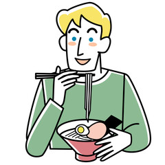 ラーメンを食べる外国人男性の上半身