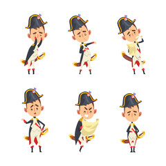 French Emperor Napoleon Bonaparte as Funny Historical Character in Military Uniform with Different Emotions Vector Set