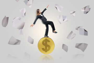 Asian businesswoman standing on a coin