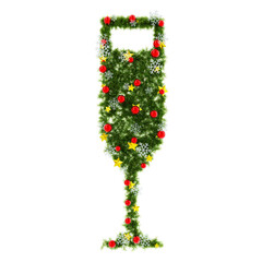 Beautiful Christmas Graphic Element with christmas wreath material in the shape of champagne glass, with red orbs and snowflakes and shiny stars on transparent background (RGBA 3D Rendering PNG)