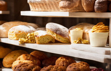 Bread over a counter, bakery product display, assortment of baked bread