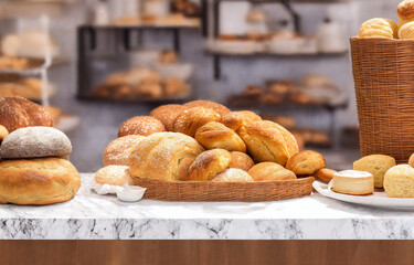 Bread on a wicker basket over a counter, bakery product display, assortment of baked bread