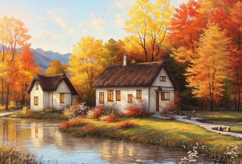 Small cottage by the lake in autumn, digital painting scenery
