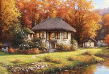 Fototapeta na wymiar Small cottage by the lake in autumn, digital painting scenery